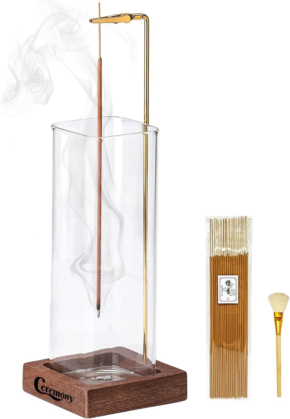 Wooden Incense Holder with Glass Ash Catcher & 20 Sticks