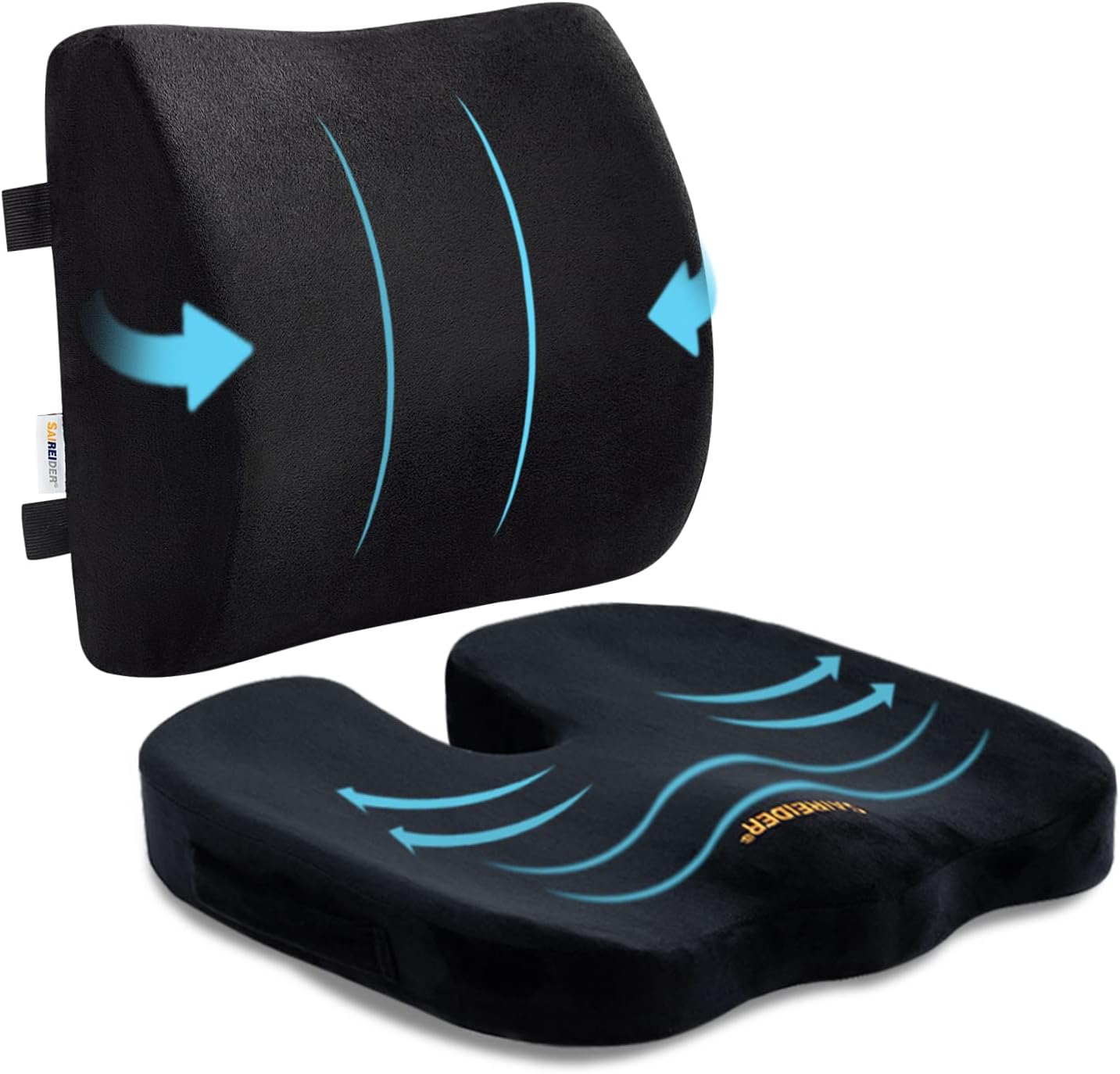 Memory Foam Seat Cushion & Lumbar Support Pillow for Back & Sciatica Pain Relief – Office & Car Use (Black)