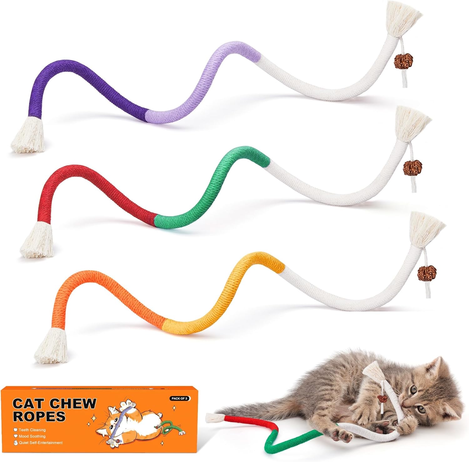 3-Pack Cat Chew Rope Toys with Refillable Catnip – Interactive & Teeth-Cleaning Toy for All Breeds