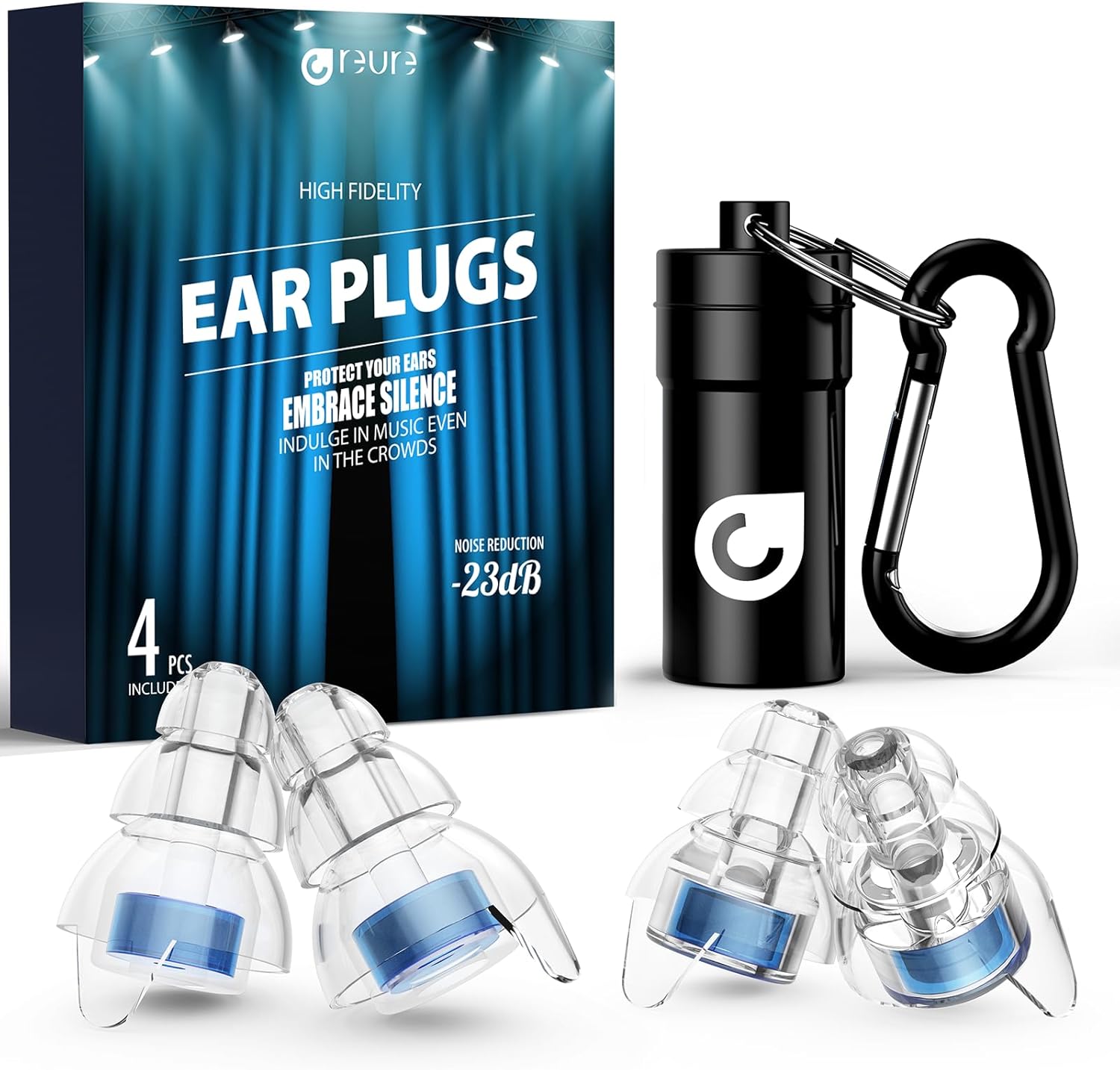 High Fidelity Noise Cancelling Ear Plugs – 2 Pairs Silicone Reusable Protection, -23 dB