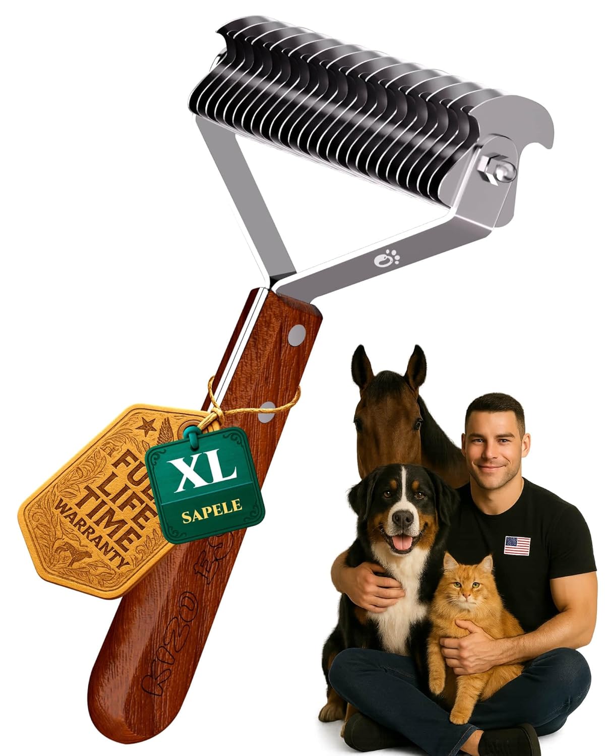 Extra Large 2-Sided Undercoat Rake – Dematting & Shedding Brush for Medium to Long-Haired Pets