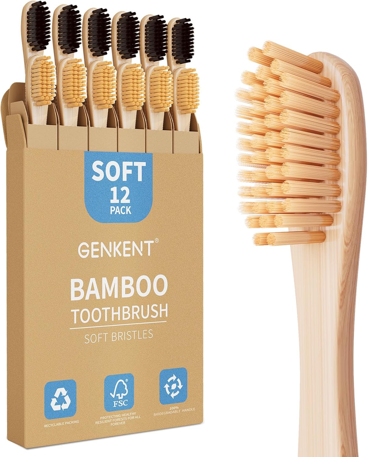 12-Pack Bamboo Toothbrushes with Soft Charcoal Bristles – Eco-Friendly & BPA-Free