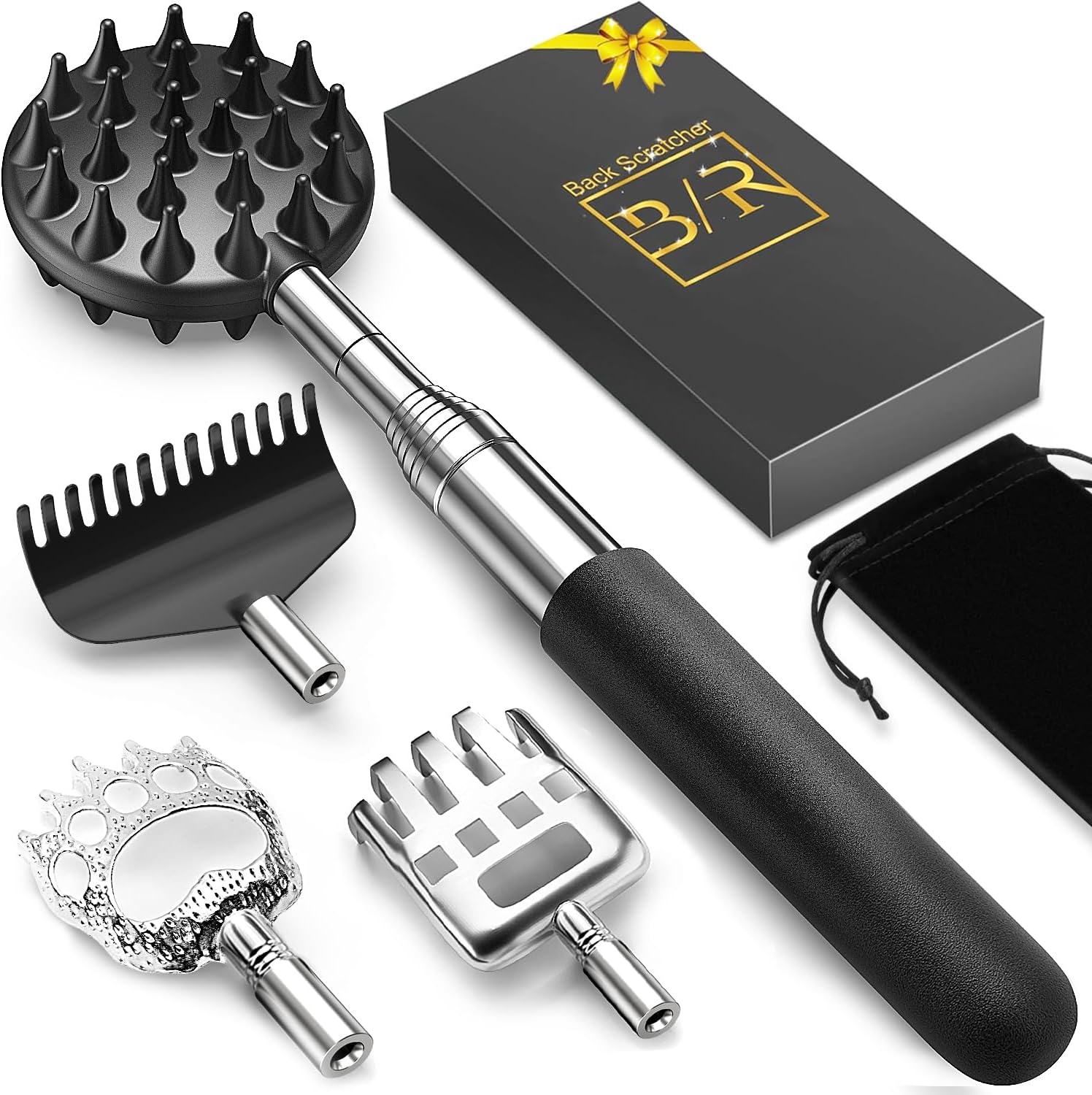 TUKUOS Telescoping Back Scratcher with 4Pcs Detachable Scratching Heads, Fathers Day Dad Gifts for Men Back Scratcher for Men/Dad/Women